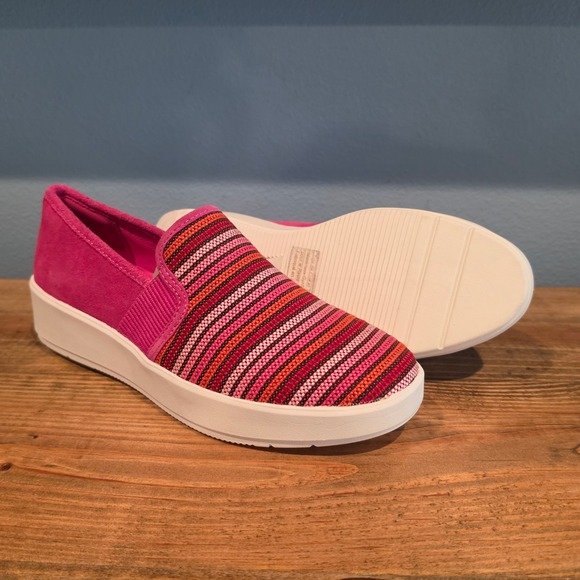Clarks Shoes - Clarks Womens Layton Petal Slip On Sneaker Fuchsia Multi Stripe Suede 9.5 Wide
